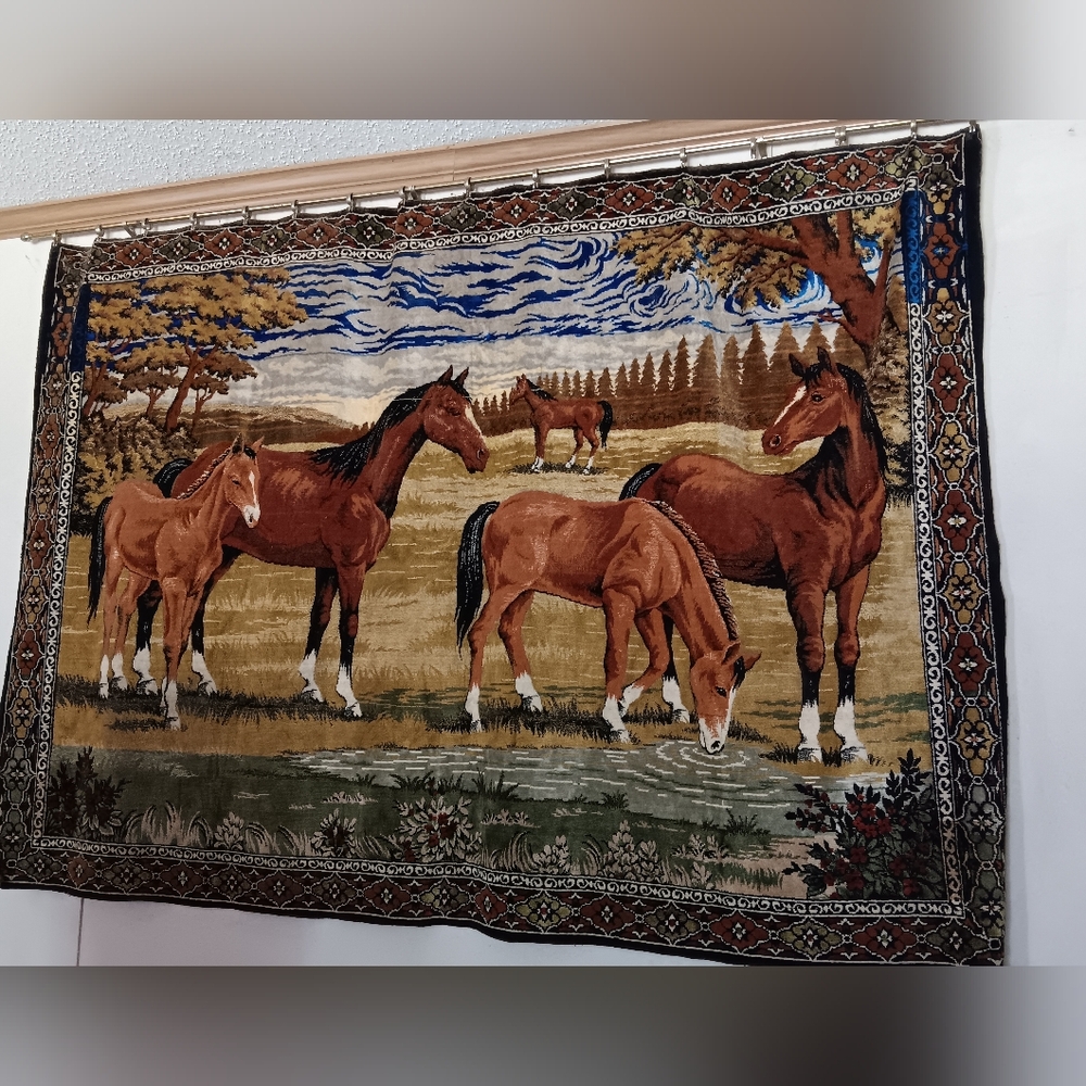 VIntage Italian Tapestry 4ft x 6ft Wall Hanging Horse & Pasture